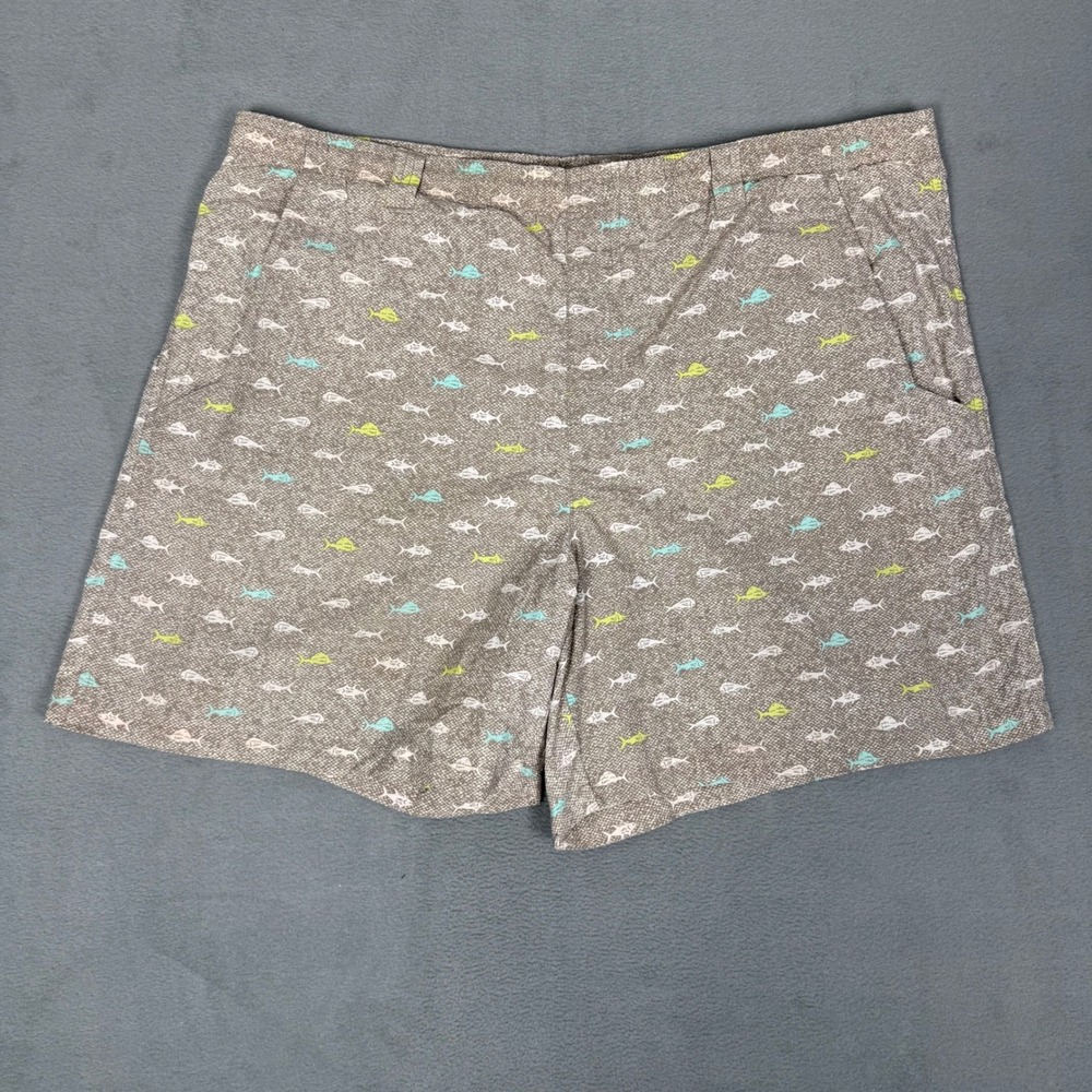 Columbia PFG Mens Fish Print Fishing Shorts Brown Tan FM4010 Size Medium 6L‎